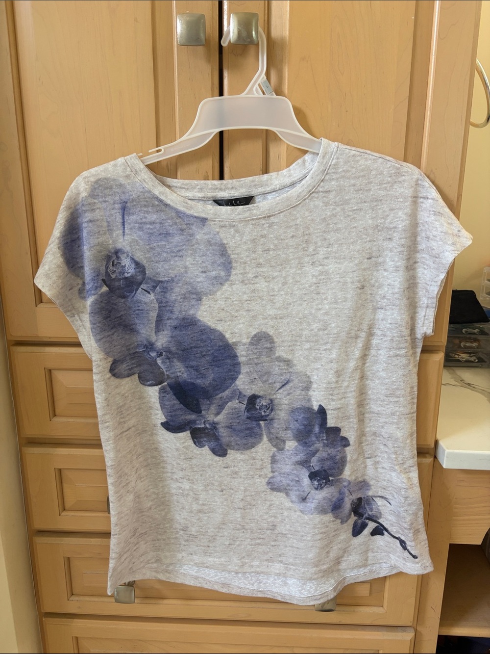 Nicole Miller Gray Tee with Purple Orchid Print